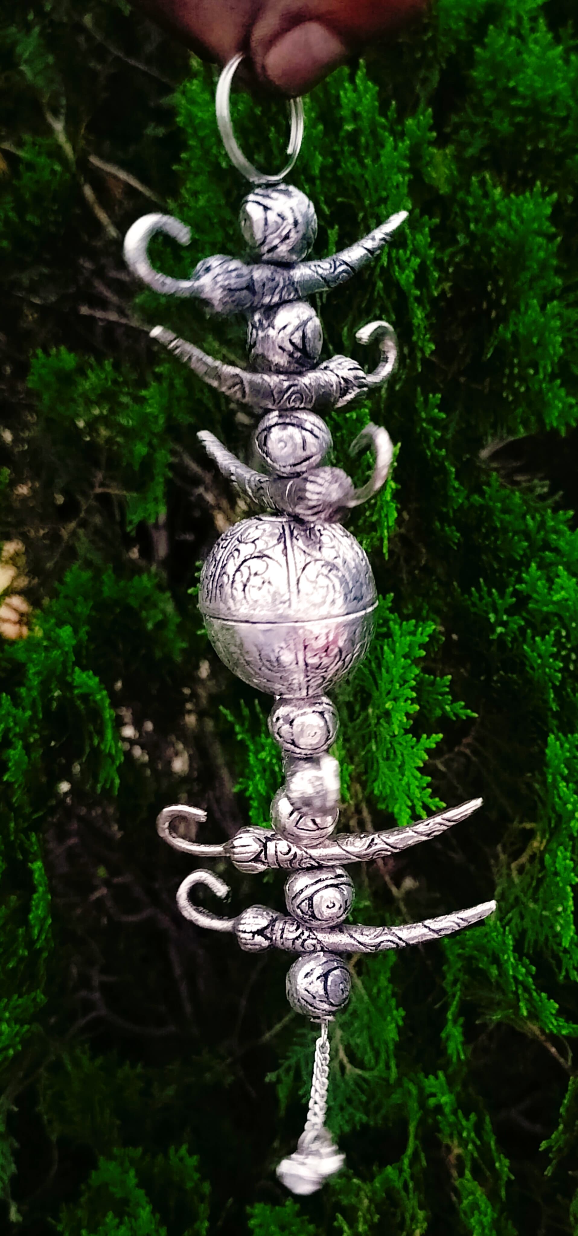 Antique German silver Nimbu-Mirchi/Good Luck Charm hanging, 2 pieces